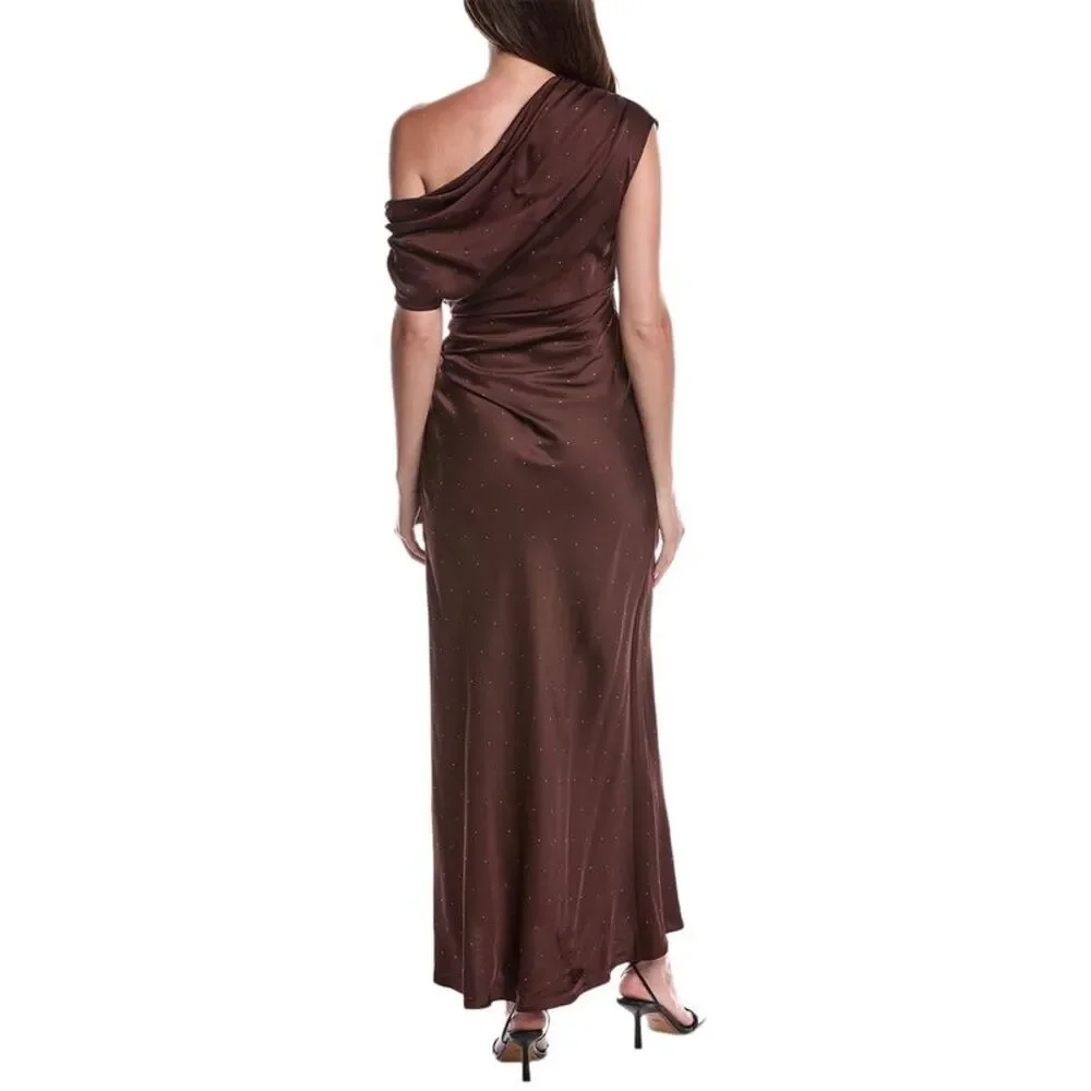 A.L.C. One Shoulder Maxi Dress Brown Formal Wedding Guest Evening Gown Draped - Picture 2 of 8
